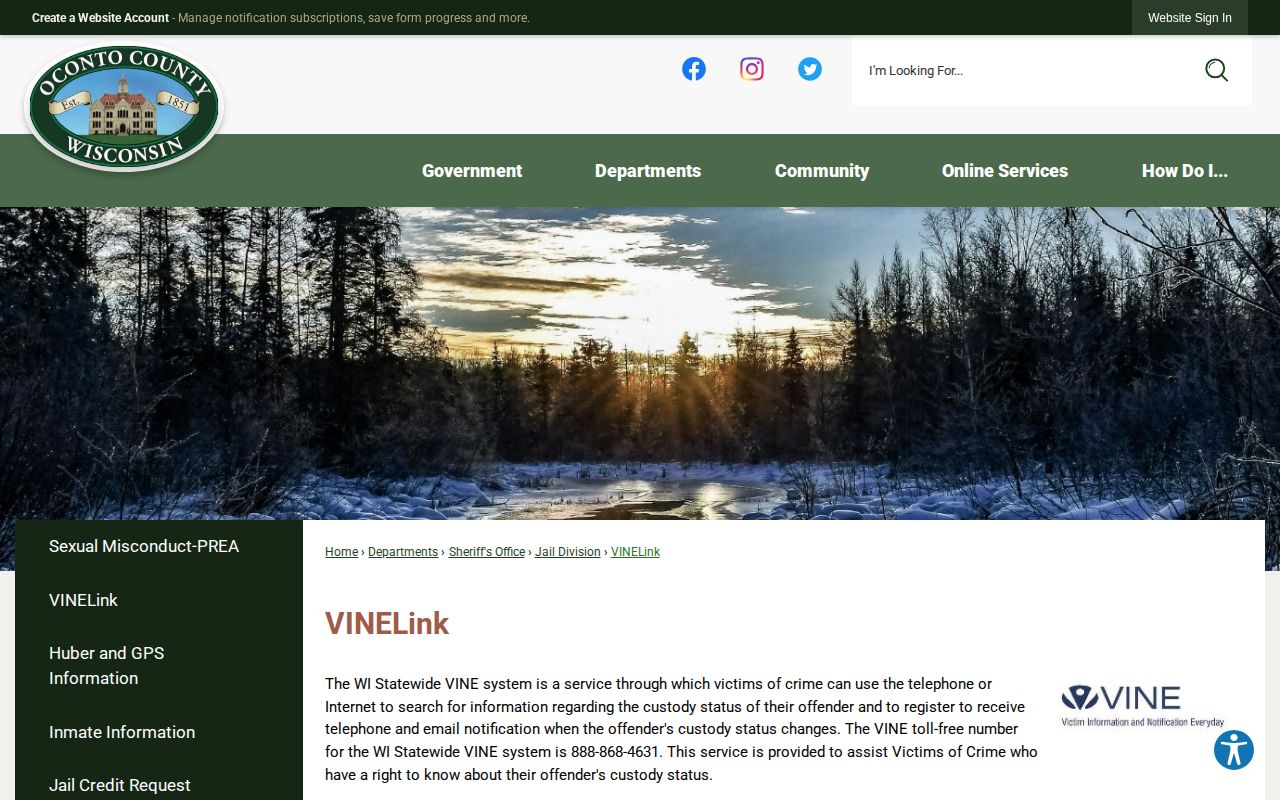 Oconto County VINELink custody-status source