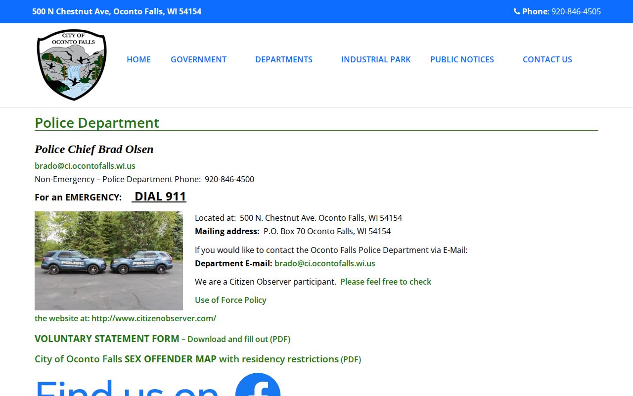 Oconto County Oconto Falls Police Department arrest record source